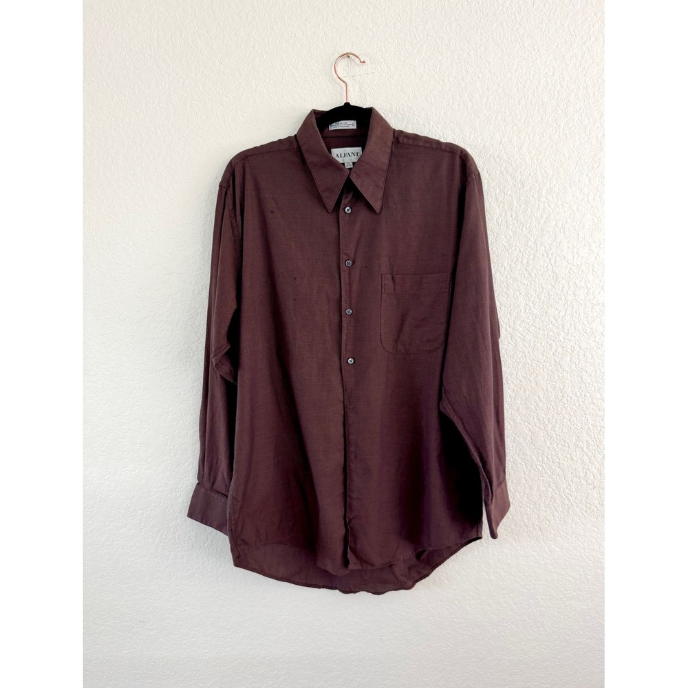Alfani Mens Brown Textured Long Sleeve Dress Shirt 15.5 32-33 Cotton
